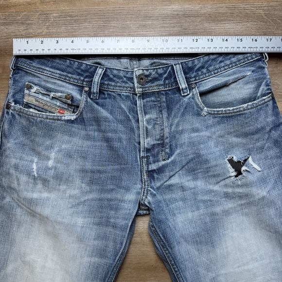 Diesel Zatiny Jeans Men 32x34 Blue Bootcut Italy Thrash Embroidery Faded 008LD - Picture 14 of 16